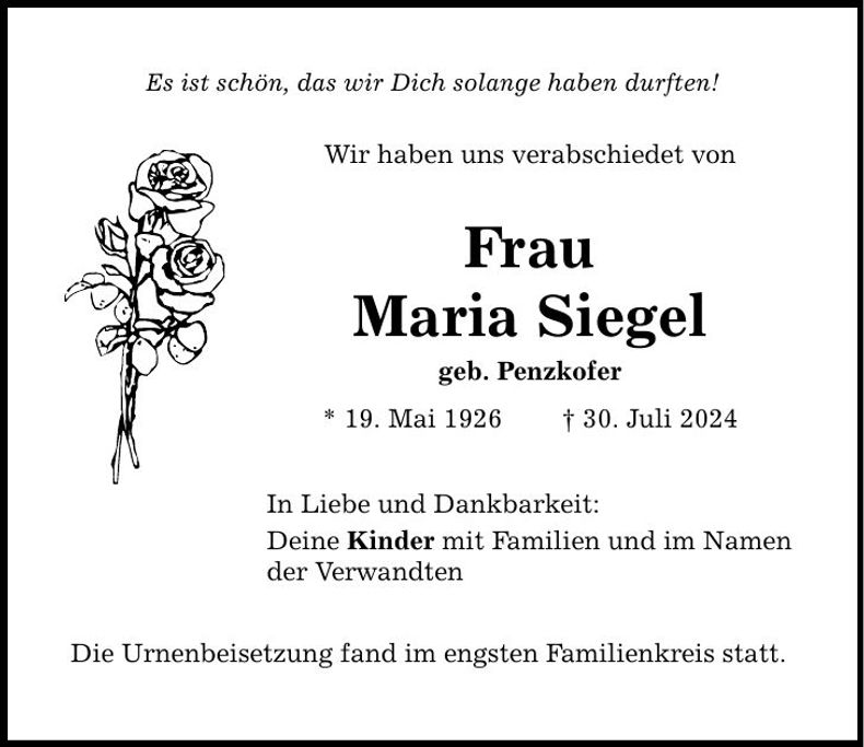 Traueranzeige Maria Siegel