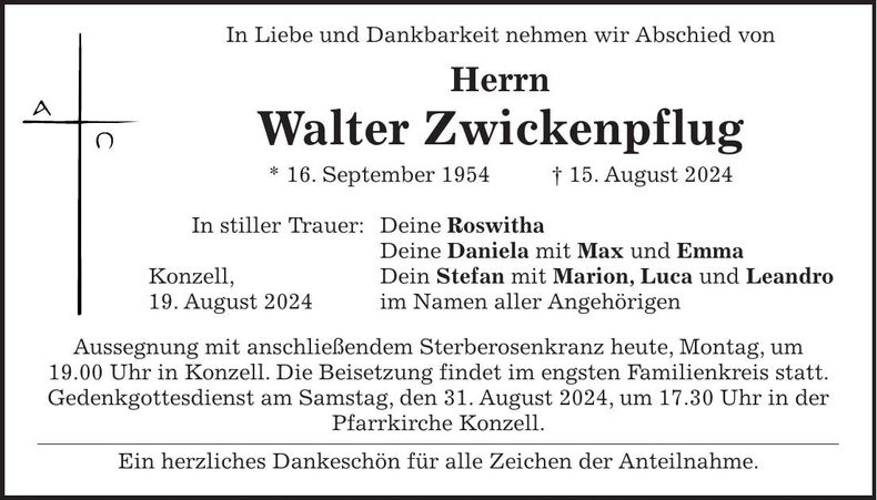 Traueranzeige Walter Zwickenpflug