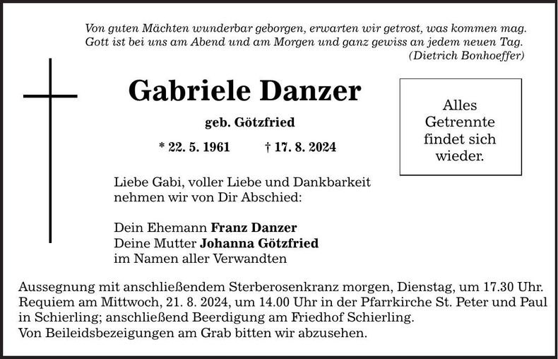 Traueranzeige Gabriele Danzer