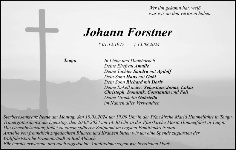 Traueranzeige Johann Forstner