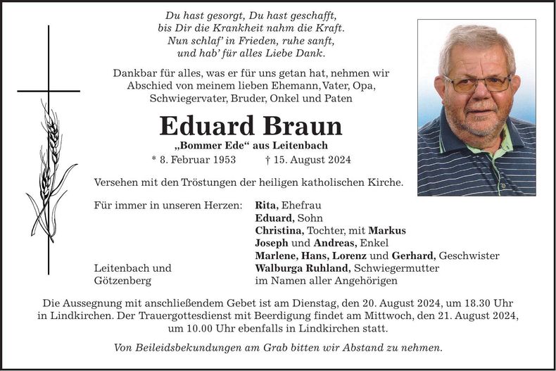 Traueranzeige Eduard Braun