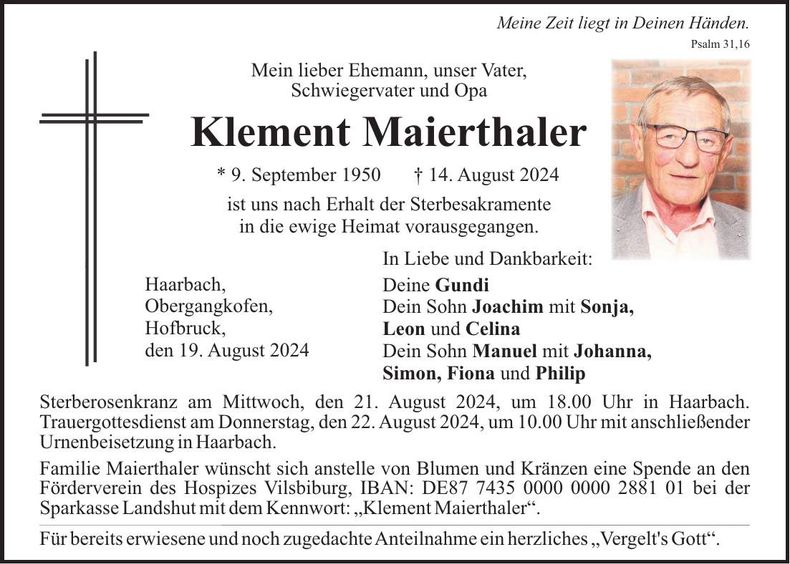 Traueranzeige Klement Meierthaler