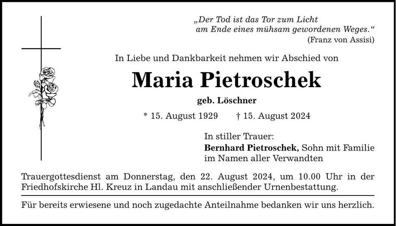 Traueranzeige Maria Pietroschek