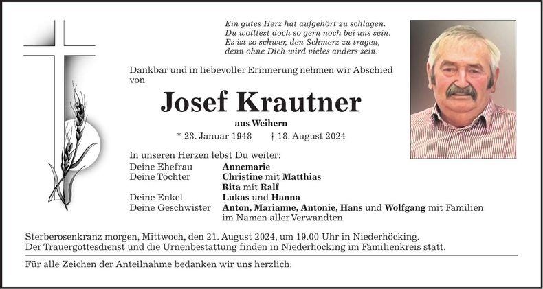 Traueranzeige Josef Krautner