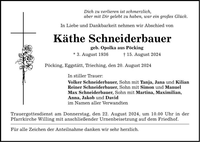 Traueranzeige Käthe Schneiderbauer