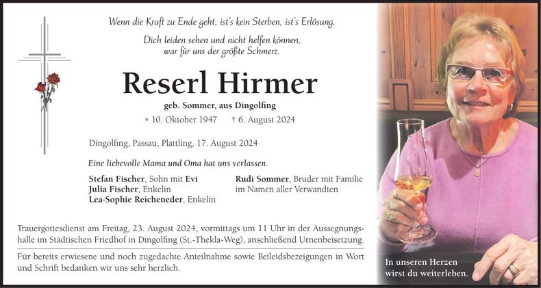 Traueranzeige Reserl Hirmer