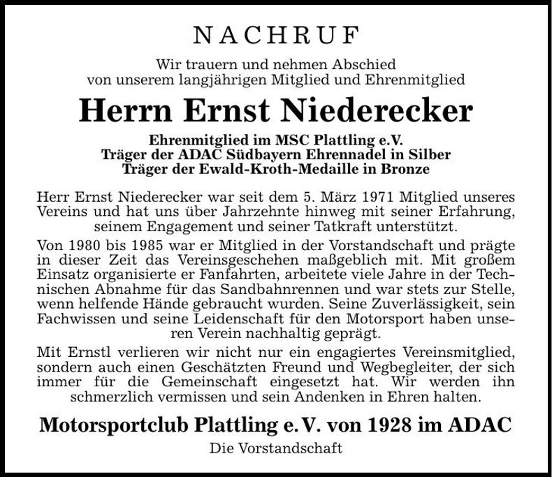 Traueranzeige Ernst Niederdecker