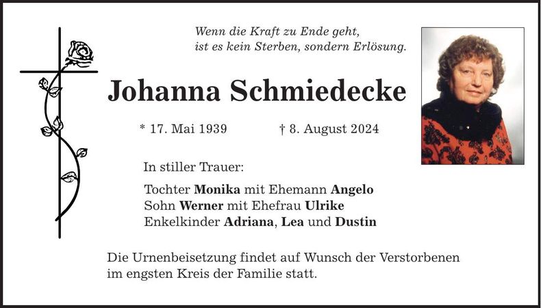 Traueranzeige Johanna Schmiedecke