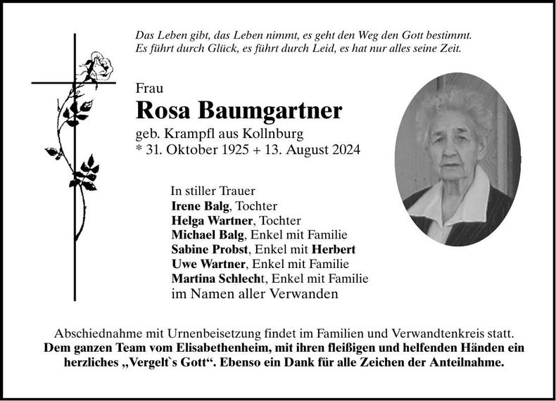 Traueranzeige Baumgartner Rosa