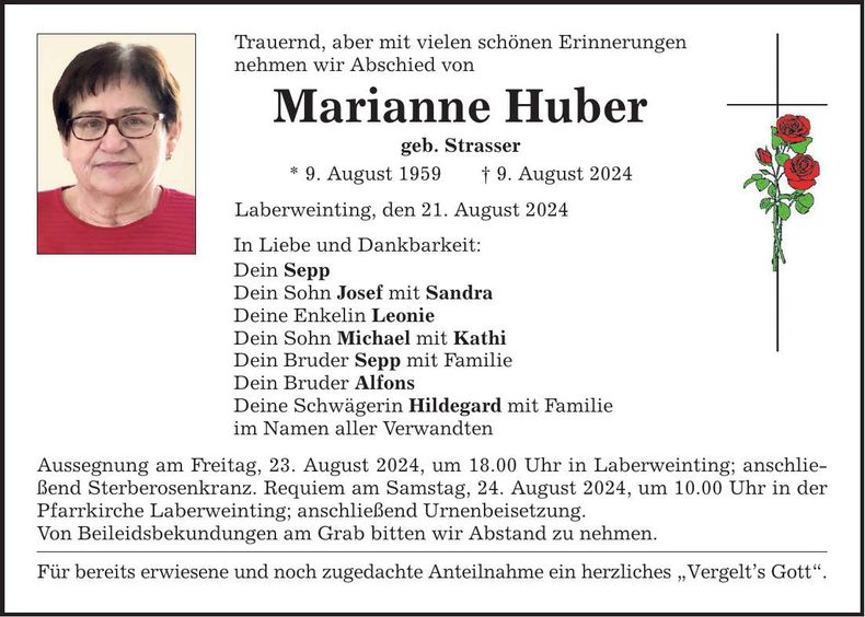 Traueranzeige Marianne Huber