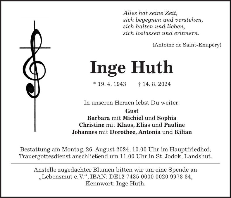 Traueranzeige Inge Huth