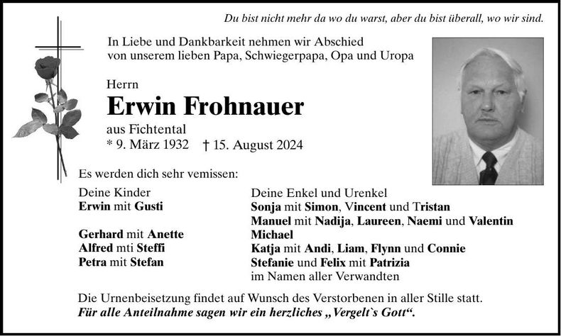 Traueranzeige Frohnauer Erwin