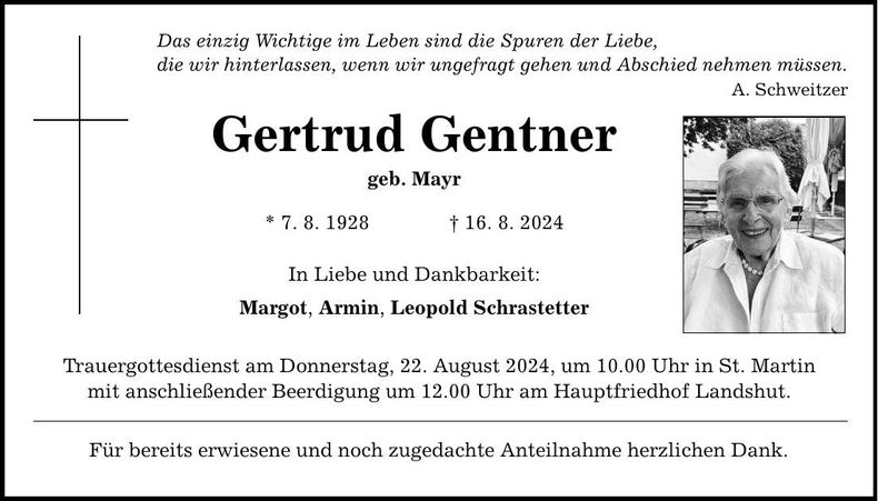 Traueranzeige Gertrud Gentner