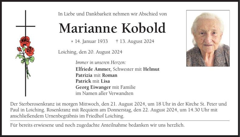 Traueranzeige Marianne Kobold