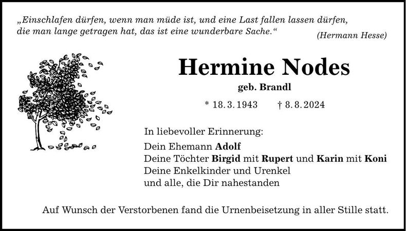 Traueranzeige Hermine Nodes