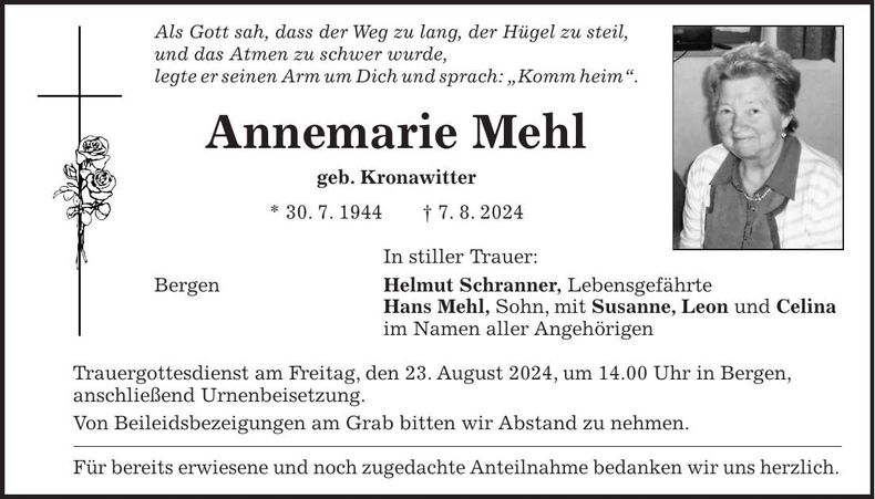 Traueranzeige Annemarie Mehl