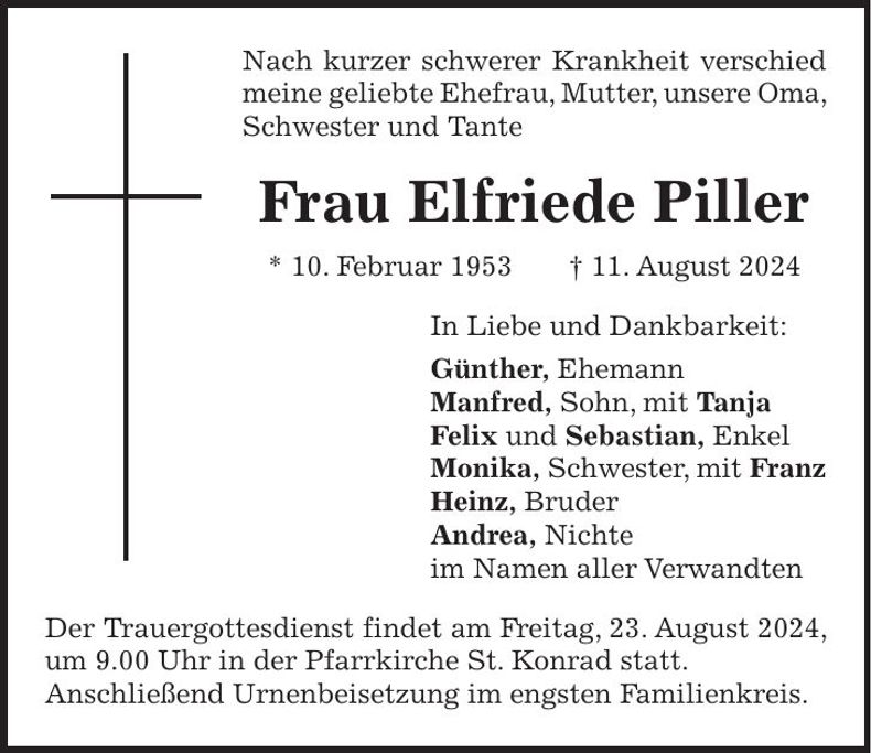 Traueranzeige Elfriede Piller