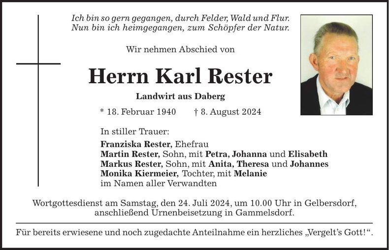 Traueranzeige Karl Rester