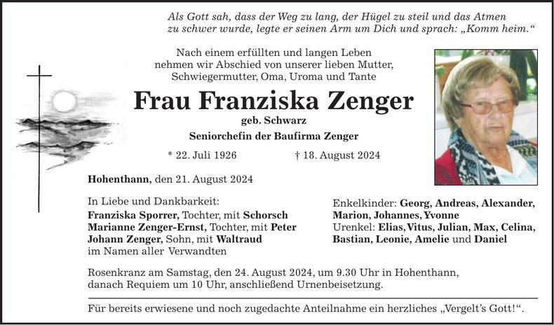 Traueranzeige Franziska Zenger