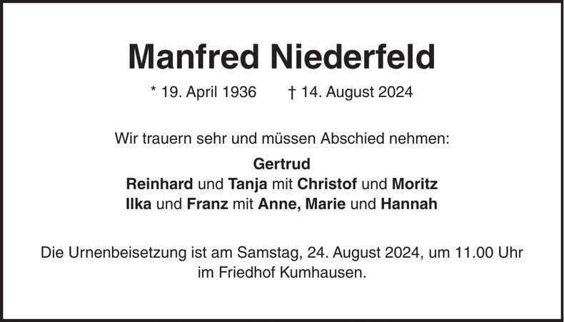 Traueranzeige Manfred Niederfeld