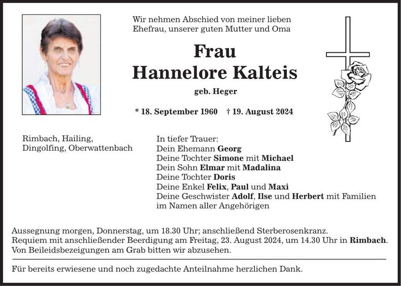 Traueranzeige Hannelore Kalteis