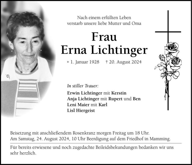 Traueranzeige Erna Lichtinger