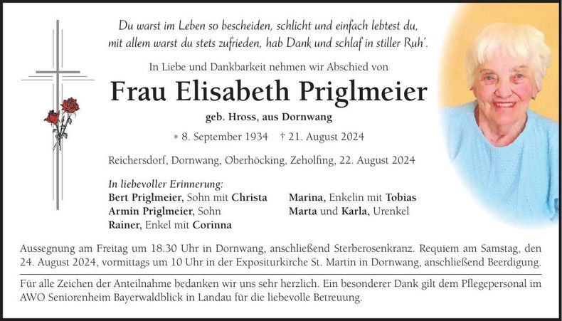 Traueranzeige Elisabeth Priglmeier