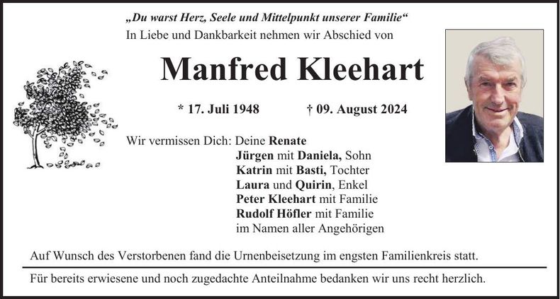 Traueranzeige Manfred Kleehart