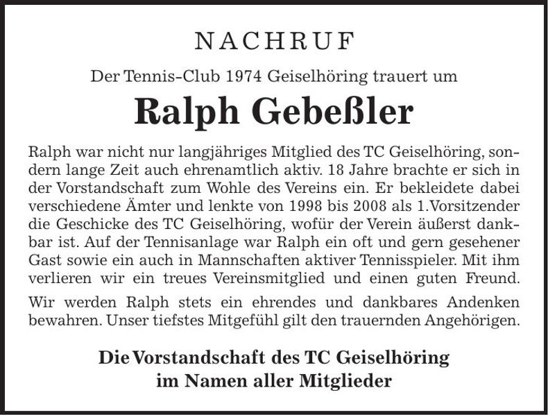 Traueranzeige Ralph Gebessler