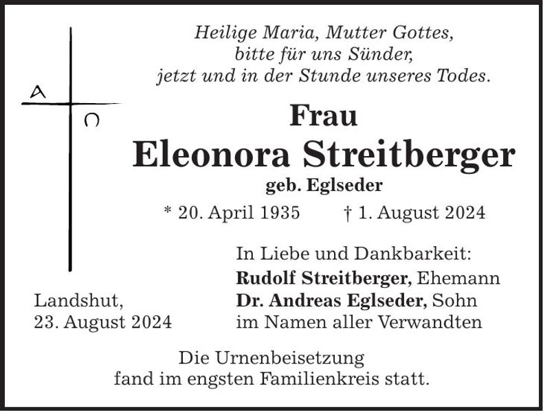 Traueranzeige Eleonora Streitberger