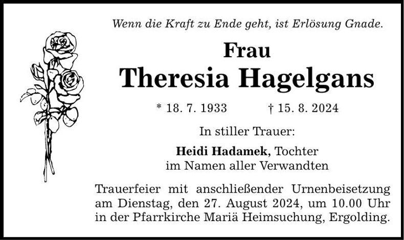 Traueranzeige Theresia Hagelgans