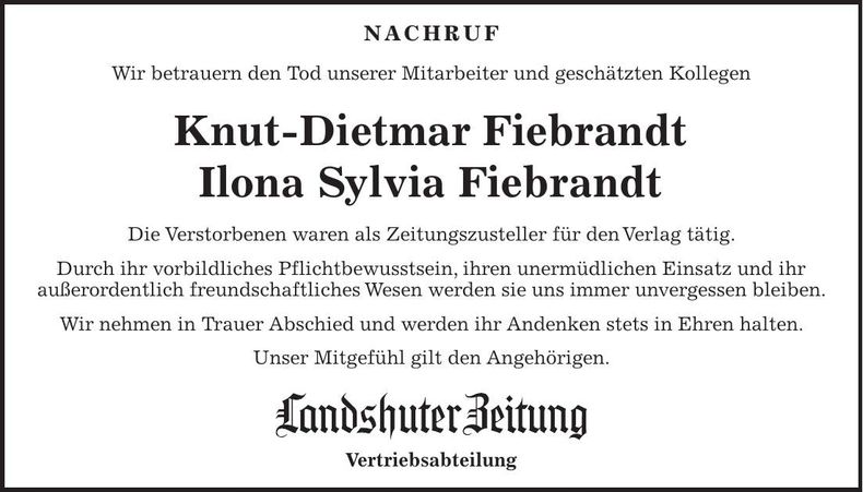 Traueranzeige Knut-Dietmar, Ilona Sylvia Fiebrandt