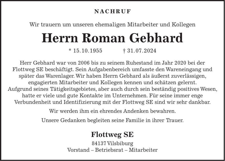 Traueranzeige Roman Gebhard