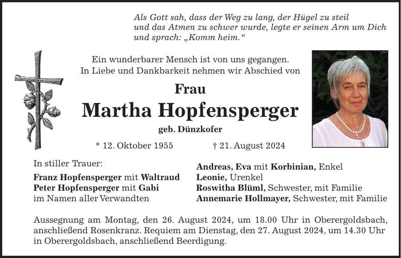 Traueranzeige Martha Hopfensperger