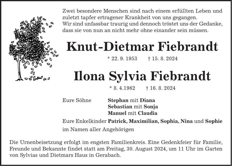 Traueranzeige Knut-Dietmar, Ilona Sylvia Fiebrandt