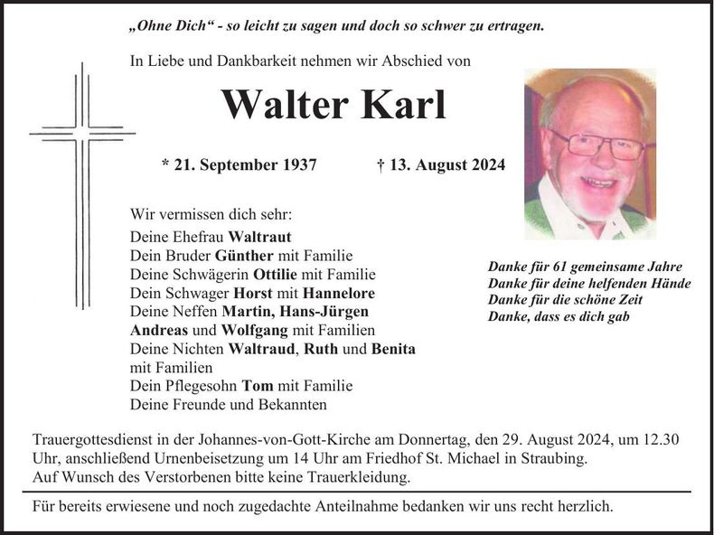 Traueranzeige Walter Karl