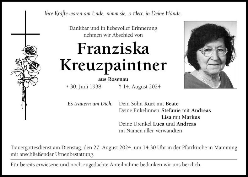 Traueranzeige Franziska Kreuzpaintner