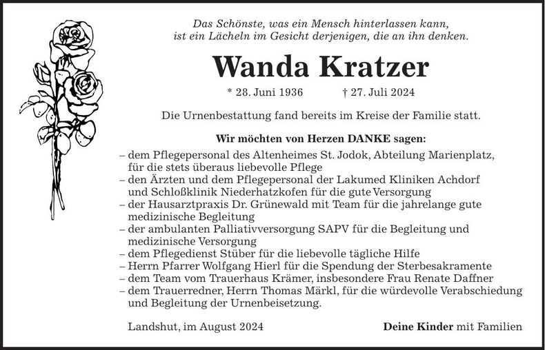 Traueranzeige Wanda Kratzer
