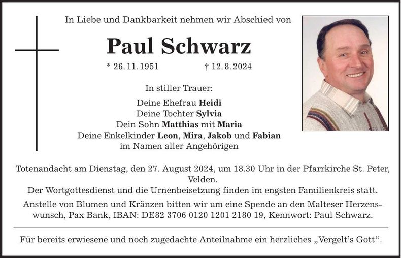 Traueranzeige Paul Schwarz