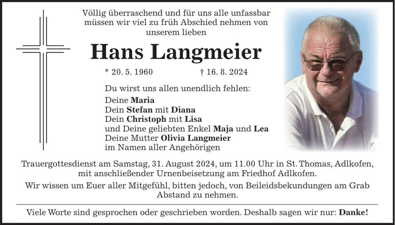 Traueranzeige Hans Langmeier