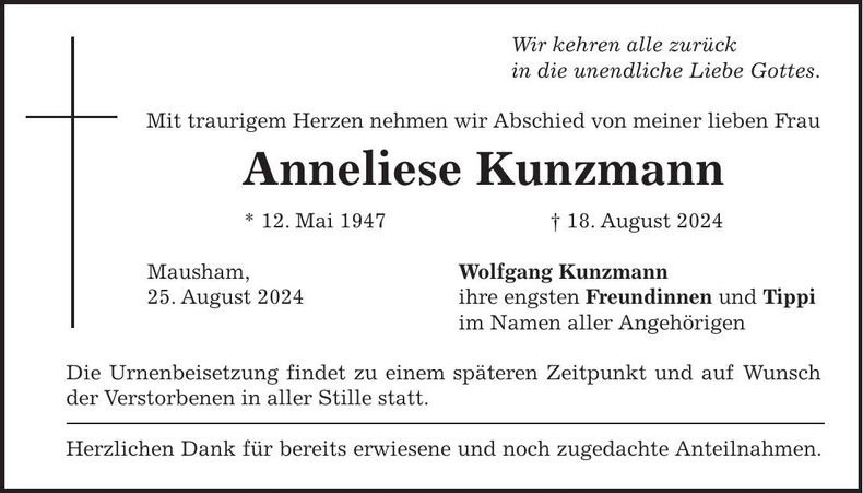 Traueranzeige Anneliese Kunzmann