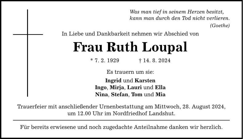 Traueranzeige Ruth Loupal