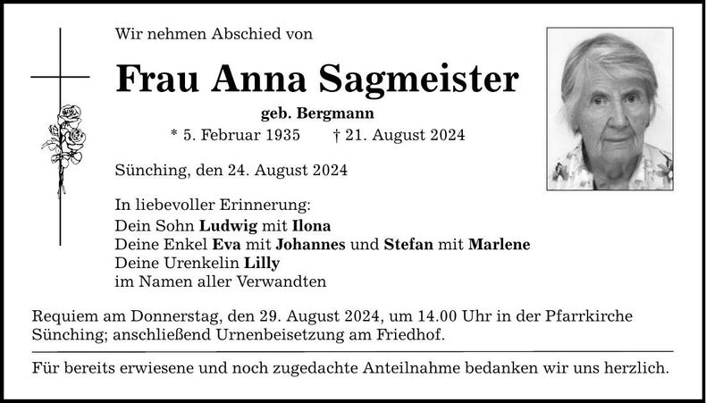 Traueranzeige Anna Sagmeister