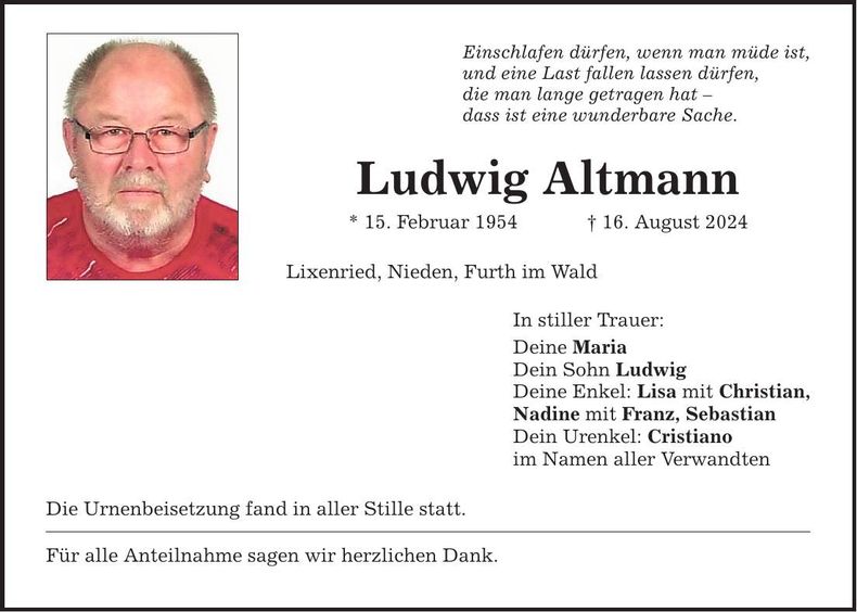 Traueranzeige Ludwig Altmann