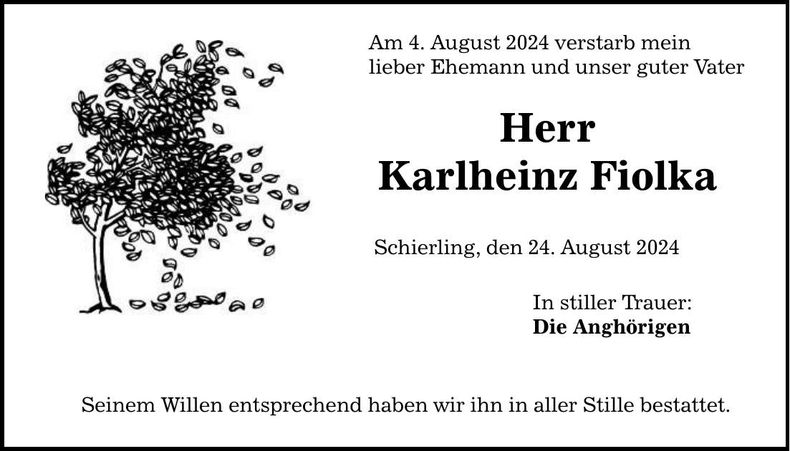 Traueranzeige Karlheinz Fiolka