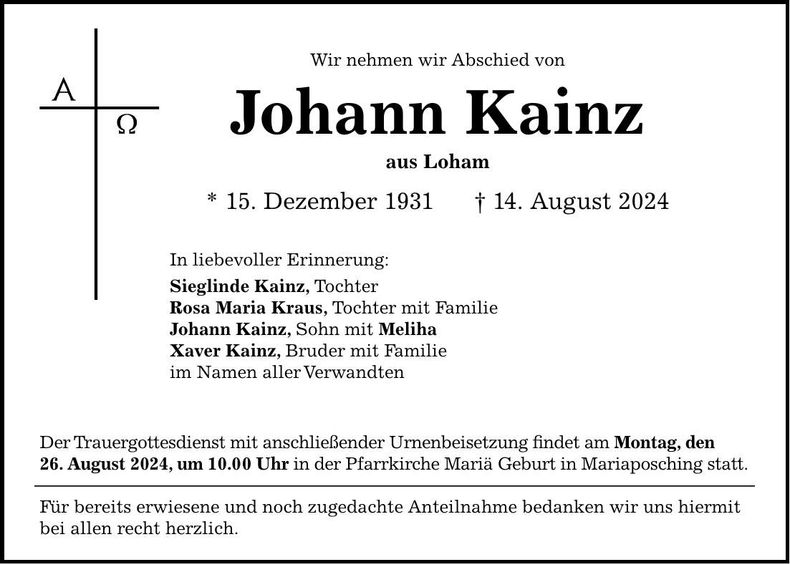 Traueranzeige Johann Kainz