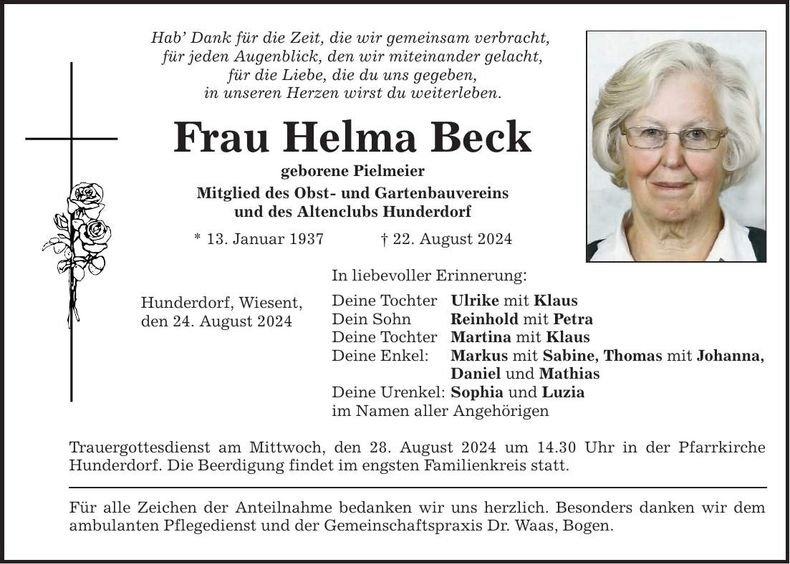 Traueranzeige Helma Beck