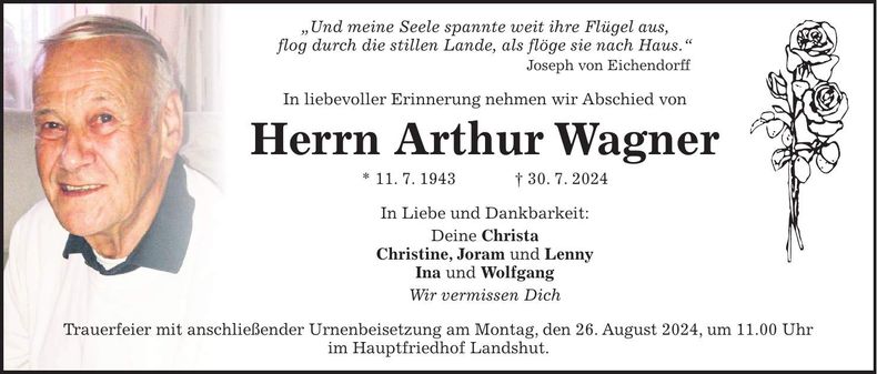 Traueranzeige Arthur Wagner
