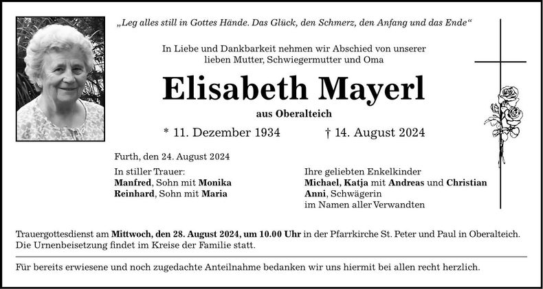 Traueranzeige Elisabeth Mayerl