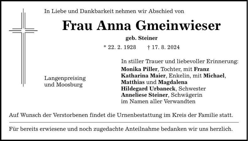 Traueranzeige Anna Gmeinwieser